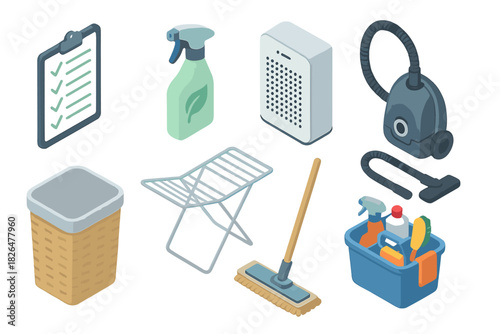 Isometric Cleaning Set. Isometric vector illustration set of Cleaning Services: sanitation checklist board, eco-clean logo bottle,