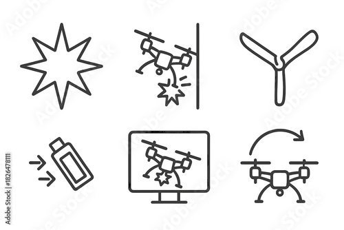 Drone Crash Icons. Line style icons of drone crashing and recovery: impact star icon, drone hitting wall, broken propeller shape,