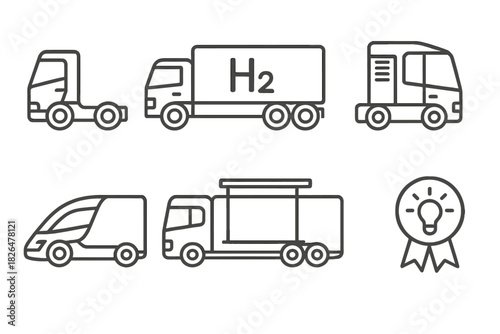 Hydrogen Truck Icons. Line style icons of hydrogen truck brands and prototypes: concept cab icon, branded truck with H2, prototype