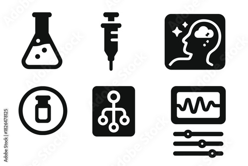 Dream Injection Icons. Solid style icons of synthetic dream injection labs: dream serum glyph, injector icon, scenario badge. Vial