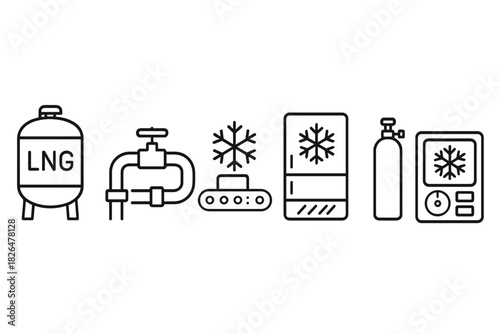 Industrial Cryogenics Icons. Line style icons of industrial cryogenics: LNG tank icon, cryogenic piping, freezing conveyor symbol,