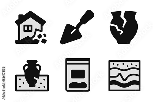 Disaster Archaeology Icons. Line style icons of Disaster Archaeology: collapsed structure, excavation trowel, fractured pottery,