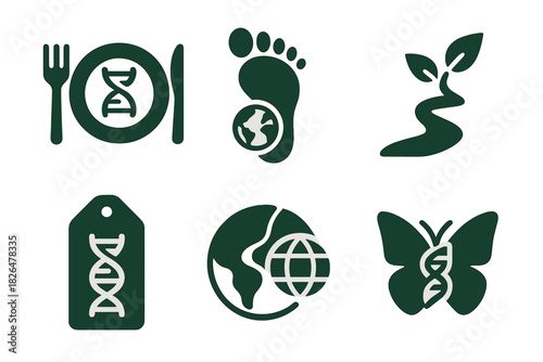 Sustainable Diet Icons. Solid style icons of sustainable nutrition by genotype: eco-plate with gene, food footprint icon,