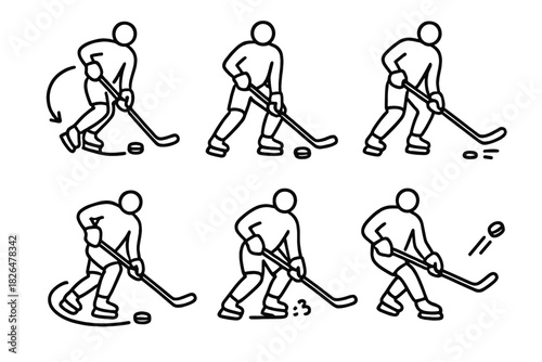 Advanced Skill Icons. Line style icons of advanced skills: puck spin flick, reverse grip hold, no-look pass icon, tight turn