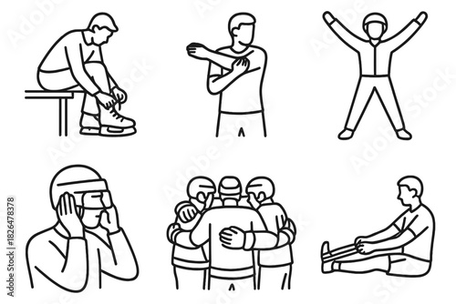 Athlete Prep Icons. Line style icons of athlete preparation: lacing up skates, warming up arms, jumping jacks in suit, helmet