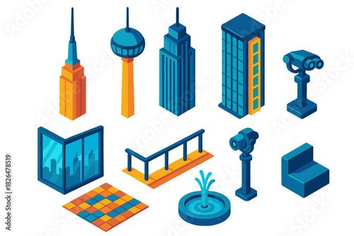 Vibrant Skyscraper Silhouettes. Isometric vector illustration set Skyscraper silhouettes – slender needle spire, observation pod,