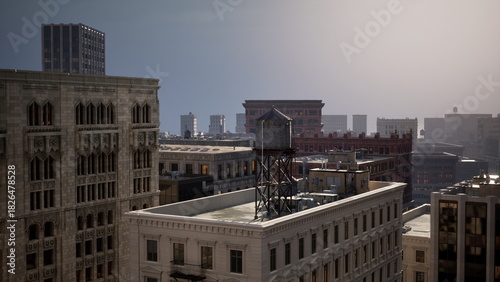 Canvas Print A vintage water tower stands tall on a rooftop as the dusk settles over the urban skyline