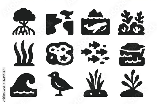 Oceanic Habitat Icons. Solid style icons of Oceanic Habitats: mangrove tree, estuary, polar ocean, coral reef, seagrass, tidal