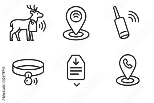 Sound Tracking Icons. Line style icons of sound tagging and tracking: audio tag on animal, GPS+sound combo icon, acoustic