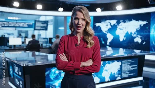 Confident Woman News Anchor Smiling in Modern Studio with World Map Background