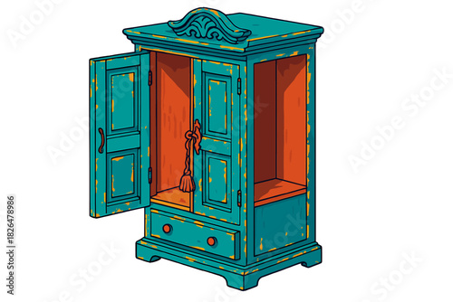 Antique Armoire Icons. Isometric vector illustration set Antique furniture – Shabby chic armoire, distressed paint, paneled doors;