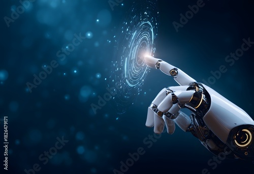 Futuristic robotic hand touching digital interface screen, artificial intelligence and innovation technology concept with blue cyber background