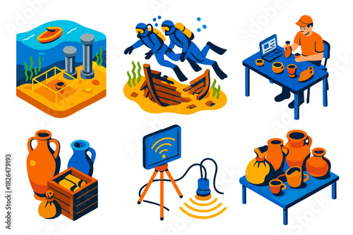Nautical Archaeology Icons. Isometric vector illustration set Nautical archaeology: underwater excavation site, diving