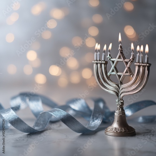 lit silver menorah with burning candles on marble surface and blue ribbon in soft festive bokeh light during hanukkah celebration concept of home decor business, cultural media, holiday marketing