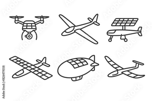 Solar-Powered Aircraft Icons. Line style icons of solar-powered aircraft: drone with solar wings, fixed-wing glider icon, UAV with