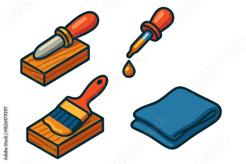 Artisan Tool Illustrations. Isometric vector illustration set Artisan Finishing Touches: Burnishing stone, wood stain dropper,