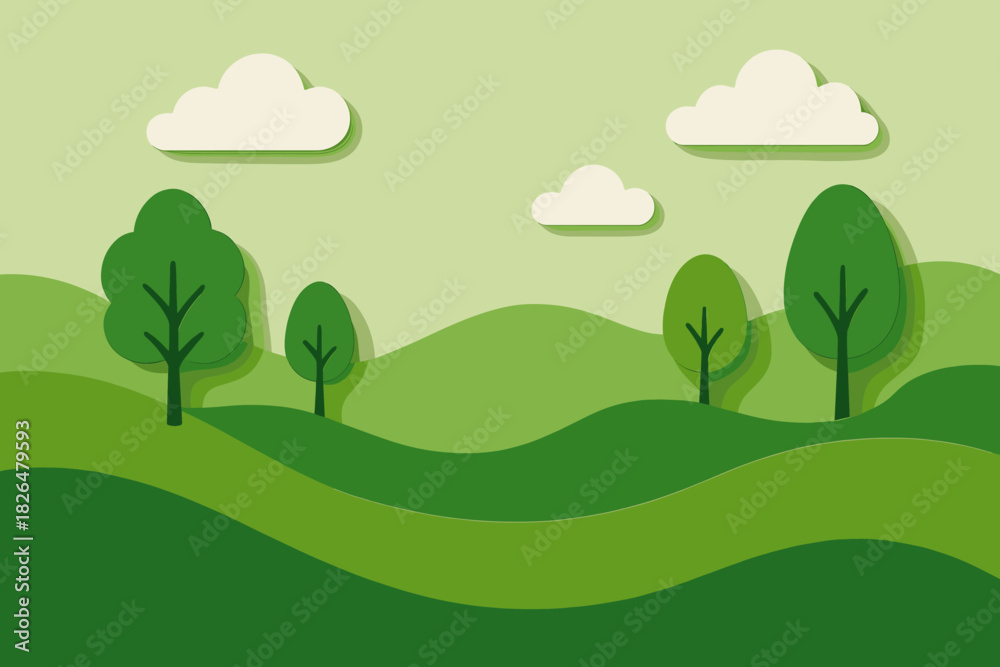 Obraz premium Minimalist Green Landscape. Artistic paper-cut scene of a green landscape with rolling hills and trees, minimalist and cheerful