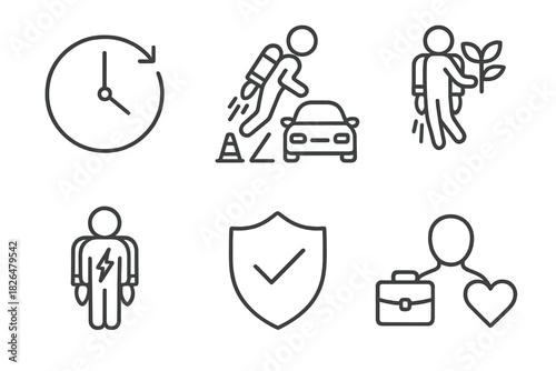 Jetpack Commuting Icons. Line style icons of jetpack commuting benefits: time saved icon, traffic bypass symbol, low environmental