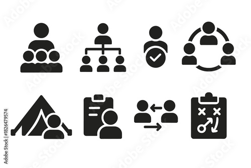 Leadership Icons Art. Solid style icons of leadership and coordination: group leader glyph, team chart icon, decision badge. Chain