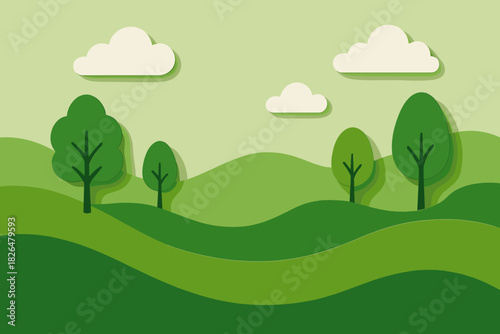 Minimalist Green Landscape. Artistic paper-cut scene of a green landscape with rolling hills and trees, minimalist and cheerful