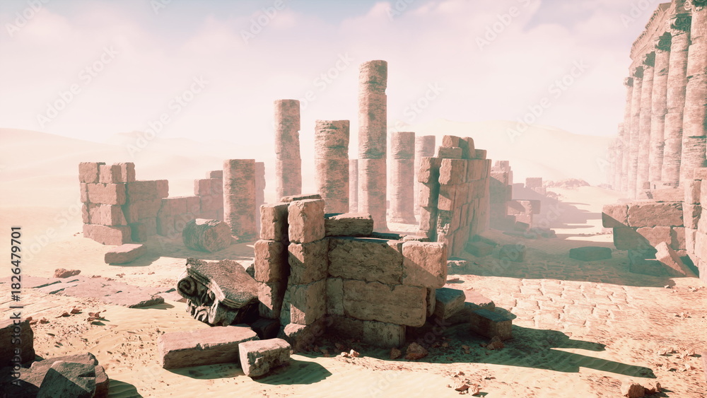 Fototapeta premium Crumbled columns and stone remnants lie scattered in a vast desert, bathed in warm light under a clear blue sky. The serene atmosphere evokes a sense of history and mystery.