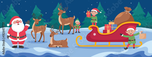 Christmas elves load gifts into santa's magic sleigh, depicting playful helpers, reindeer, and santa under a starry winter night in the north pole forest, suitable for holiday branding, greeting cards