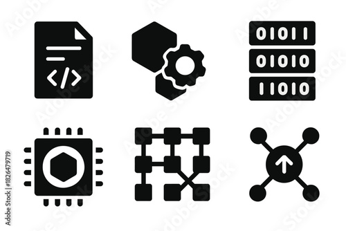 Programmable Matter Icons. Line style icons of Programmable Matter: transformation script icon, programmable state symbol, encoded