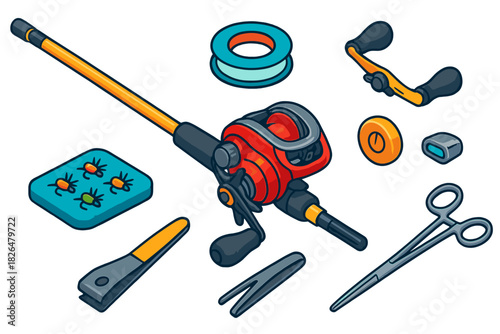 Fishing Gear Essentials. Isometric vector illustration set Fishing equipment – baitcasting rod, low-profile reel, fluorocarbon