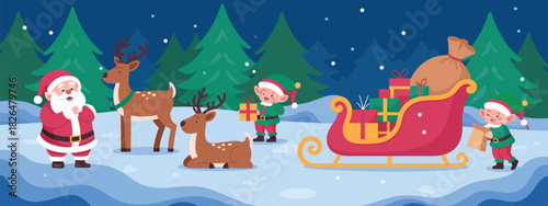 Christmas elves load gifts into santa's magic sleigh, depicting playful helpers, reindeer, and santa under a starry winter night in the north pole forest, suitable for holiday branding, greeting cards