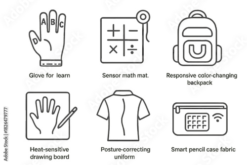 Smart Fabrics for Education. Line style icons of educational uses of smart fabrics: learning glove for letters, sensor math mat,