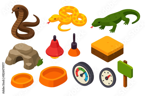 Reptile Habitat Icons. Isometric vector illustration set Zoo animals – cobra, python, monitor lizard; rock shelter, heat lamp,