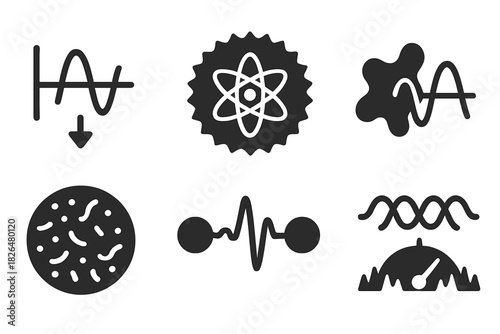 Decoherence Icon Set. Solid style icons of decoherence in biology: collapsing wave function icon, interference destruction badge,