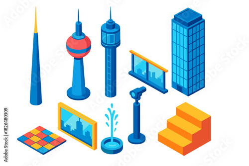 Vibrant Skyscraper Silhouettes. Isometric vector illustration set Skyscraper silhouettes – slender needle spire, observation pod,