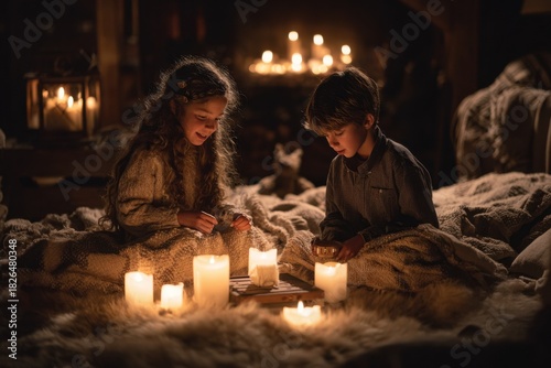 children playing wooden board game by candlelight during hanukkah in cozy bedroom with warm blankets and glowing menorah lights at night concept of education business