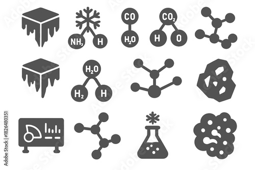 Icy Chemistry Icons. Solid style icons of icy body chemistry: frozen methane, carbon monoxide, carbon dioxide, ammonia ice, water