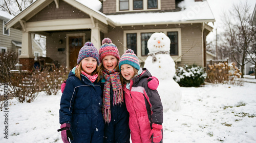 Three cute girls building a snowman in their front yard.
