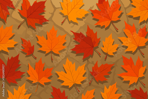 Autumn Leaves on Stone. Vibrant autumn leaves scattered on a textured stone vector illustration surface, rich red and orange tones