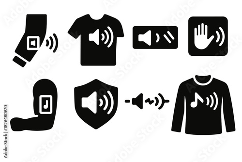 Motion Detection Wearables. Solid style icons of sound + motion detection fabrics: movement-triggered beep sleeve, audio alert