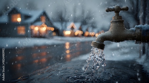 Frozen outdoor water faucet in winter with icicles, cold weather plumbing problem, frozen pipe maintenance and energy efficiency concept