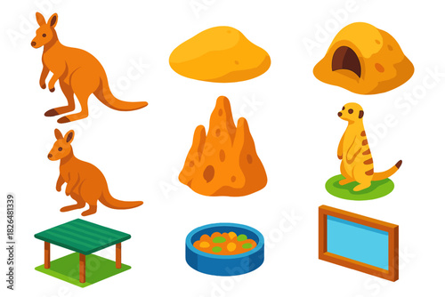 Isometric Zoo Animals Icons. Isometric vector illustration set Zoo animals – kangaroo, wallaby, meerkat; sandy mound, burrow