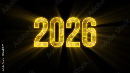 Golden text 2026 with a golden dynamic glow effect and light rays. Holiday concept. New Year. 4K.