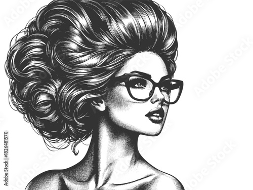 fashionable woman with retro hairstyle, bold glasses, confident expression on white background sketch engraving generative ai fictional character vector illustration. Scratch board. Black and white.