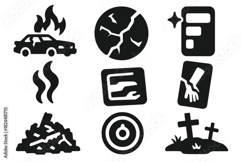 Battle Aftermath Icons. Solid style icons of battle aftermath visuals: burning chassis icon, cracked arena badge, fading energy