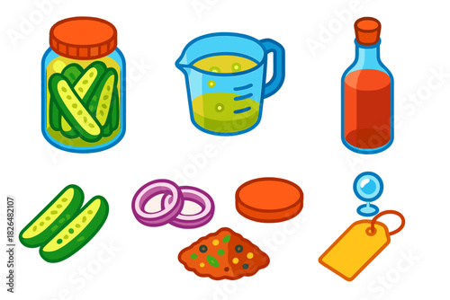 Cooking Techniques Icons. Isometric vector illustration set Cooking techniques – pickling jar, brine solution, vinegar bottle;