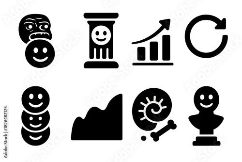 Meme Evolution Icons. Solid style icons of meme evolution timeline: old rage face to new emoji column, format evolution slab,