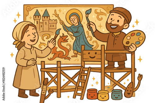 Animated Mural Restoration. Magical doodle medieval mural restoration with smiling artists, cartoon scaffolding waving, cheerful
