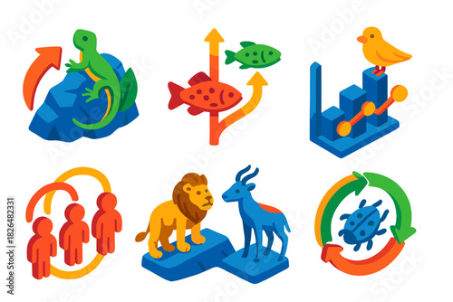 Evolutionary Pathway Icons. Isometric vector illustration set Apparent purposefulness in organisms: adaptations and functional