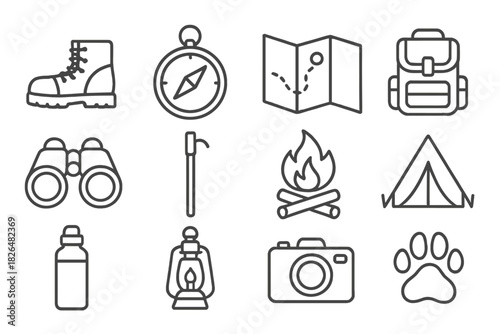 Forest Exploration Icons. Line style icons of Forest Exploration: Hiking Boot, Compass, Map, Backpack; Binoculars, Walking Stick,