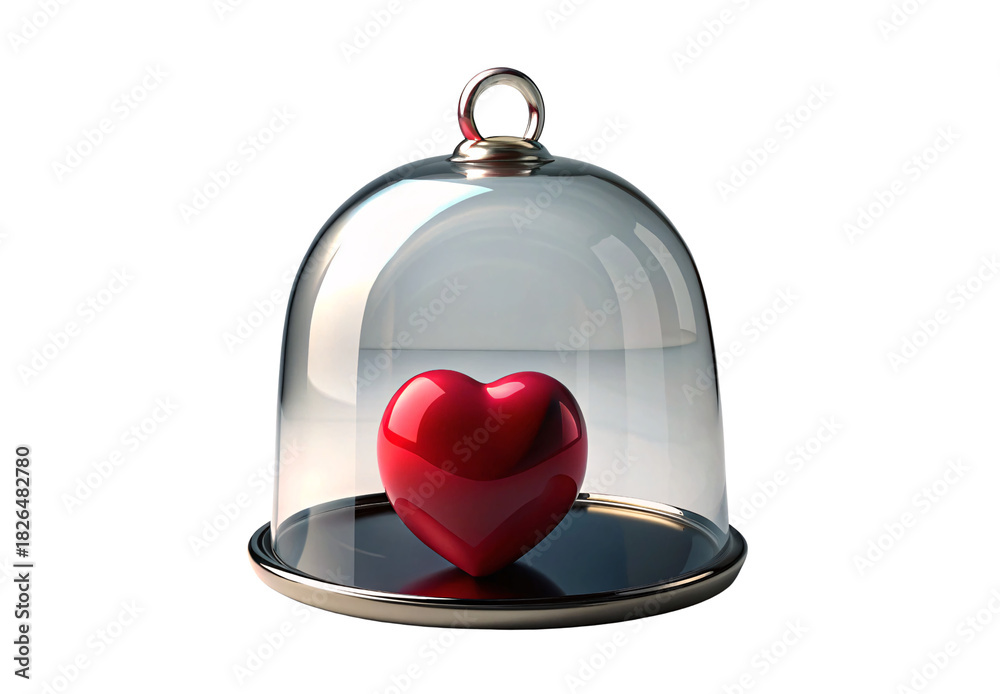 Obraz premium Red heart symbol protected beneath clear glass cloche, isolated on a transparent background