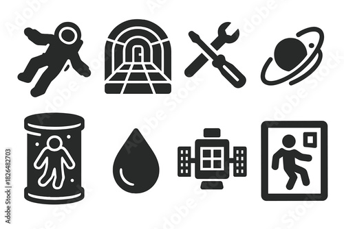 Zero-Gravity Testing Icons. Solid style icons of zero-gravity testing: astronaut in floating pose, zero-G plane interior,